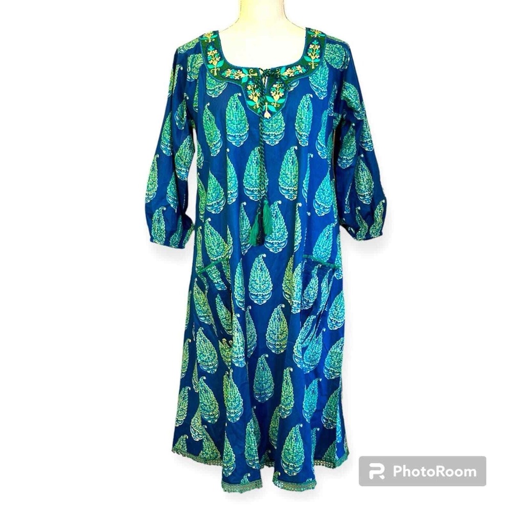 NAUDIC Sao Paulo NWT Dress Blue Carribean Long Sleeve‎ XS Tassels Embroidered